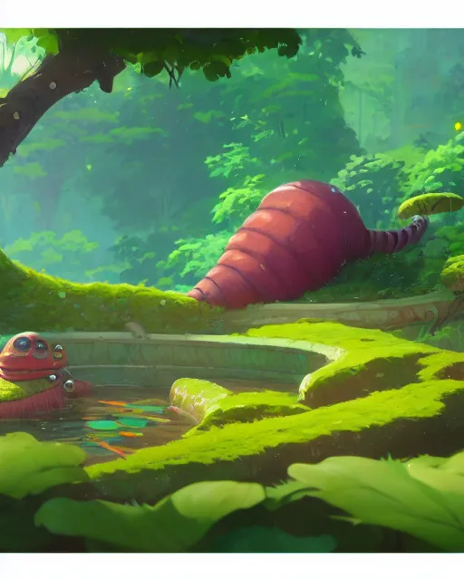 Image similar to a giant caterpillar taking a bath in a spring with lush vegetation around, cory loftis, james gilleard, atey ghailan, makoto shinkai, goro fujita, character art, rim light, exquisite lighting, clear focus, very coherent, plain background, soft painting