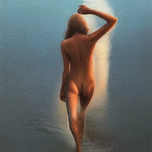 Prompt: a striking hyper real painting of Elle Fanning walking on water at night by Quint Buchholz
