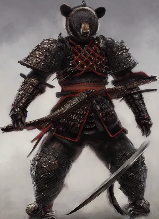 Prompt: samurai in full armor anthropomorphized Asian black bear, epic pose, Ivan Aivakovsky, Boris Vallejo, epic fantasy character art, D&D Concept Art, full length, Realistic, Regal, Refined, Detailed Digital Art, Oil Paining, Exquisite detail, post-processing, masterpiece, Cinematic Lighting, Unreal Engine, 8k, HD