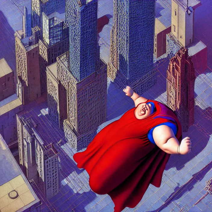 Image similar to hyperrealistic mixed media portrait of a a mordidly obese superman floating through the air over an empty city street at midnight, despair, depressing and hopeless vibe, stunning 3d render inspired art by P. Craig Russell and Barry Windsor-Smith + perfect facial symmetry + dim volumetric lighting, 8k octane beautifully detailed render, post-processing, extremely hyperdetailed, epic composition, grim yet sparkling atmosphere, cinematic lighting + masterpiece, trending on artstation