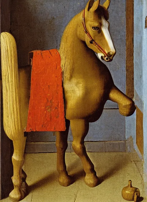 Image similar to wooden horse toy, medieval painting by jan van eyck, johannes vermeer, florence