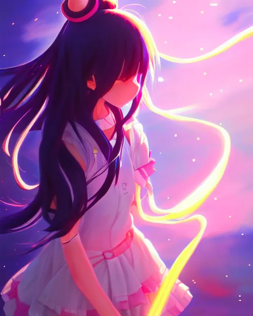 Image similar to anime style, vivid, expressive, full body, 4 k, painting, a cute magical girl with a long wavy black hair, stunning, realistic light and shadow effects, centered, simple background, studio ghibly makoto shinkai yuji yamaguchi