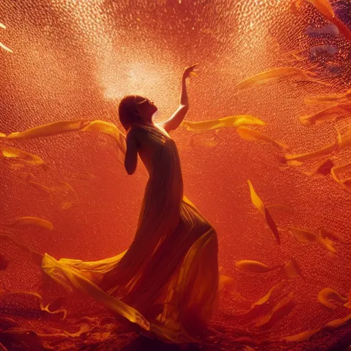 Image similar to woman dancing underwater wearing a long flowing dress made of yellow and red wire, coral sea bottom, swirling schools of silver fish, swirling smoke shapes, octane render, caustics lighting from above, cinematic, hyperdetailed