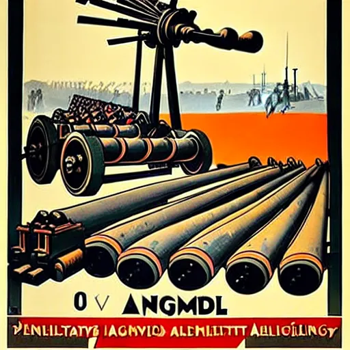 Image similar to propaganda poster featuring an extremely large number of artillery cannons, artillery, guns, limited palette, ww 1