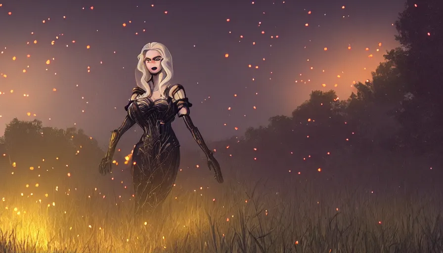 Image similar to lady death surrounded by fireflies walking away with me, cinematic lighting, wow, establishing shot