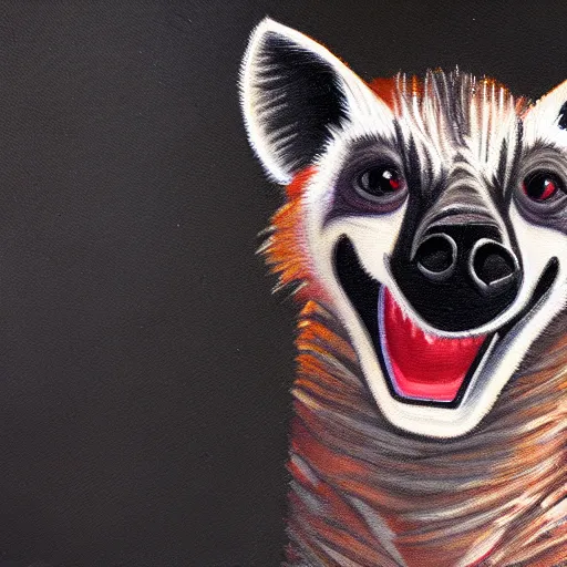 Image similar to painted portrait of an anthropomorphic hyena smiling, cartoon style