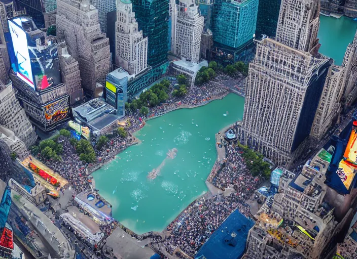 Prompt: a giant lake in the middle of times square, birds eye photograph, 8 k resolution, sharp focus, wide angle, hyper - detailed, 8 5 mm photograph