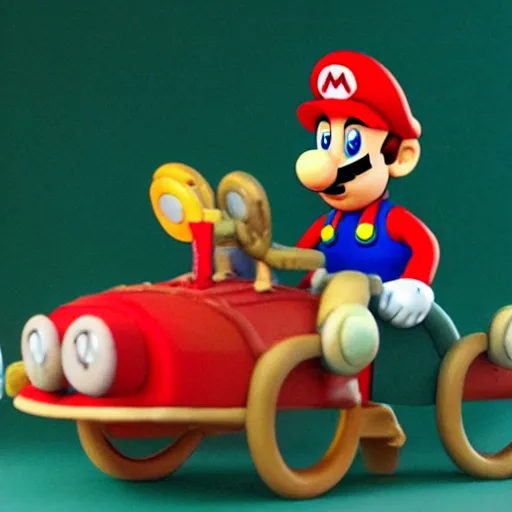 Image similar to Mario in a still from a Wallace and Gromit stopmotion animation, plasticine models, British stopmotion, high quality, slightly desaturated colors, art by Aardman Animations, 4k