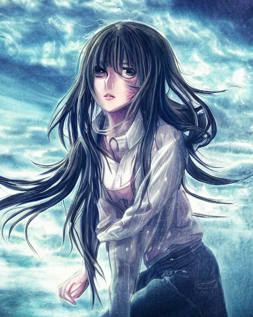 Image similar to a portrait of a teenage girl on a haunted ghost ship, full shot, very anime, digital art, great use of line work and color, captures emotion and movement, fantastic lighting and shading, flawless composition, dynamic