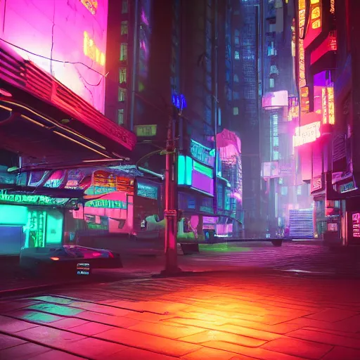 Prompt: a very realistic render using unreal engine of a futuristic neon cyberpunk city