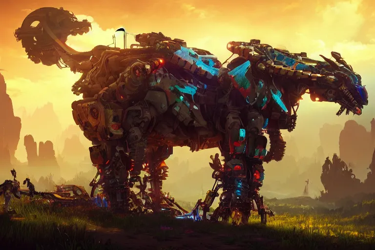 Image similar to behemoth machine mecanical creature robot of horizon forbidden west horizon zero dawn radiating a glowing aura global illumination ray tracing hdr fanart arstation by ian pesty and alena aenami artworks in 4 k