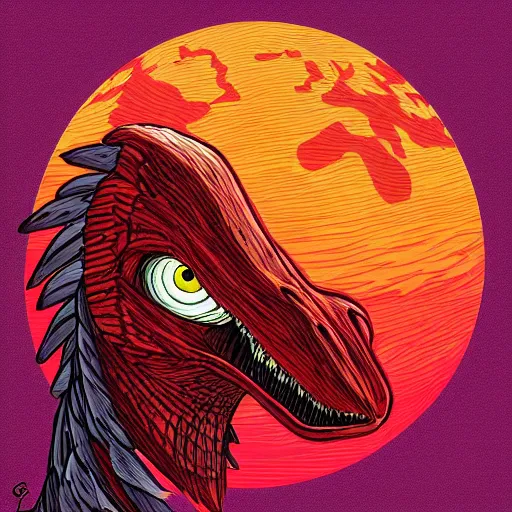 Prompt: red velociraptor on a magnificent colorful planet moebius style