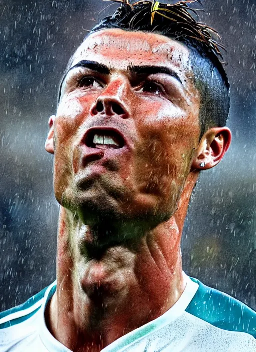 Image similar to epic face portrait cristiano ronaldo after scoring a goal, hard rain, michael whelan