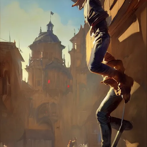 Image similar to greg manchess portrait of a man falling over a sword stuck between cobblestones, profile picture, organic painting, sunny day, matte painting, bold shapes, hard edges, street art, trending on artstation, by huang guangjian, gil elvgren, ruan jia, randy vargas, greg rutkowski