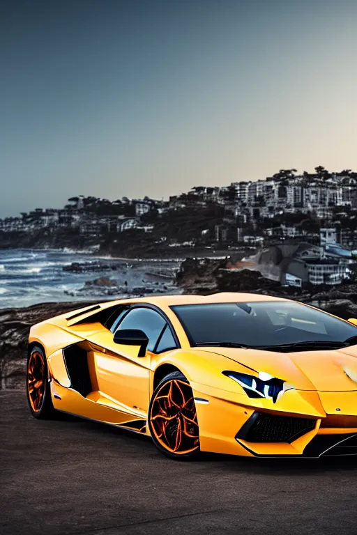 Image similar to Photo of a Lamborghini Aventador, Bondi Beach in the background, high resolution, award winning, highly detailed, night, volumetric lighting, 35mm lens.