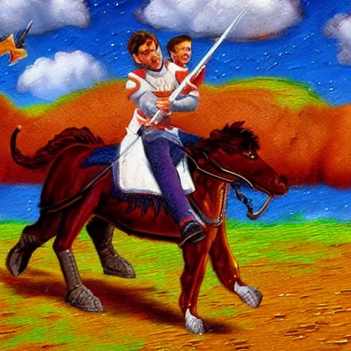 Image similar to wesley crusher riding a unicorn into battle impressionist oil painting fantasy 1 5