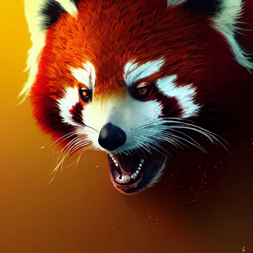 Image similar to red panda as defcon character, digital illustration portrait design, by android jones and greg rutkowski, retrowave color scheme, detailed, cinematic lighting, wide angle action dynamic portrait