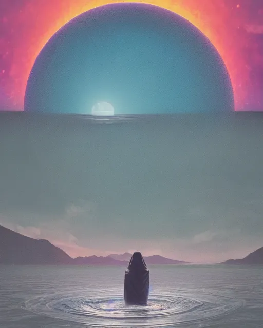 Image similar to a person wearing a white cloak standing in the water. a large planet is overhead. an album cover by stanley twardowicz, trending on cg society, retrofuturism, retrowave, chillwave, synthwave