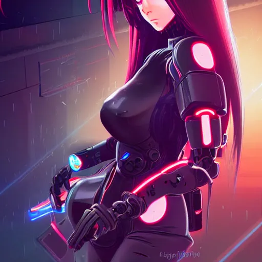 Image similar to digital anime in the style of arcane a cyborg - girl hacking into reality, black red long hair!, biomechanical details, neon background lighting, full body, medium sensor, 8 0 mm, reflections, wlop, ilya kuvshinov, artgerm