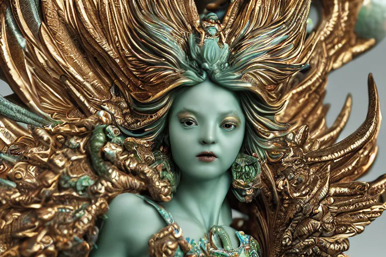 Image similar to a closeup photo - real delicate ceramic porcelain sculpture of an ornate detailed phoenix goddess in front of an intricate background by rafael, micro detail, backlit lighting, subsurface scattering, translucent, thin porcelain, emerald, jade, octane renderer, colorful, physically based rendering, trending on cgsociety