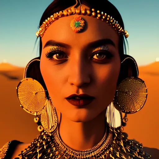 Prompt: giesha demon, innovative avant - garde art, deco fashion, asian desert nomad women, highly detailed, photorealistic portrait, serene desert setting, golden hour, crisp quality and light reflections, octane render