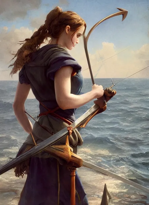 Prompt: hyper realistic photo of medieval beautiful sailor hunter emma watson with a harpoon in her hand, full body, rule of thirds, conceptart, saturated colors, cinematic, greg rutkowski, brom, james gurney, mignola, craig mullins, artstation, cgsociety