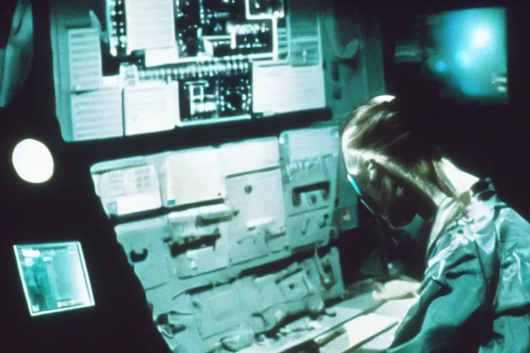 Image similar to alien using a computer to check her email submerged in translucent goo, over the shoulder perspective, in 1 9 8 5, y 2 k cybercore, industrial photography, still from a kiyoshi kurosawa movie