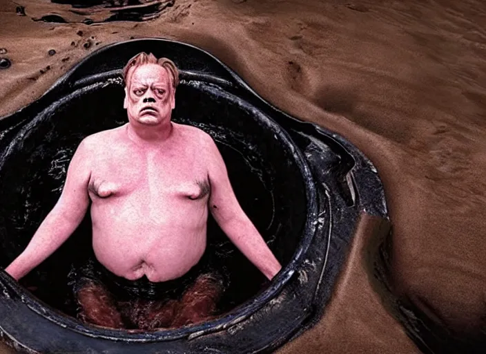 Image similar to steve buscemi as baron harkonnen in a black oil bath in a still from the film Dune (2021)