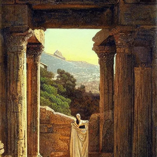 Prompt: pretty robot android Persian woman looking out of her Persian balcony towards greek ruins of temples at sunset. Painting by Gustav Dore. Colored painting.