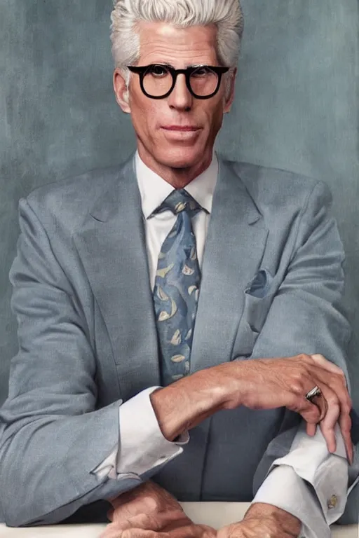 Image similar to a painting of ted danson in the good place, art by robin eley