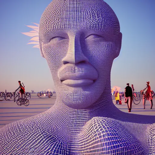 Image similar to highly detailed 3d render of burning man festival sculpture of man made of cornflowers by Beeple