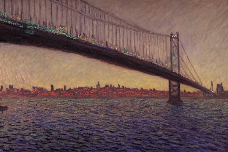 Prompt: Lisbon in 2287, cyberpunk, bridge, dark academia, by Simon Stålenhag and Claude Monet, oil on canvas