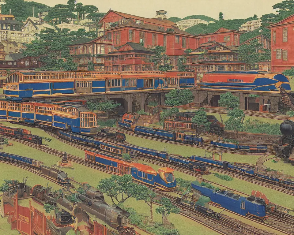 Prompt: an elaborate model train layout featuring mallard locomotives by Hasui Kawase, Raphael, and Bernini.