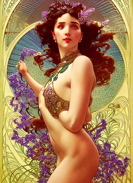 Image similar to amazing, intricate, leyendecker, michael whelan, belly dancing woman with long wavy hair, graceful arms, jeweled costume, jewels, flowers, art nouveau, stephen bliss, unreal engine, by greg rutkowski, loish, ferdinand knab, ilya kuvshinov, rossdraws, tom bagshaw, alphonse mucha, global illumination, radiant light