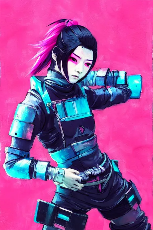 Image similar to stylized japanese cyberpunk ninja girl, wearing urban techwear, and armor, painted in acrylic, pigment textures, in the colors hot pink and cyan, beautiful realistic face, rule of thirds, spotlight, by greg rutkowski, by jeremy mann, by francoise nielly, by van gogh, by ross tran, in focus