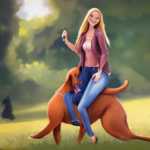 Prompt: girl riding a giant doberman dog in the park, trending on artstation