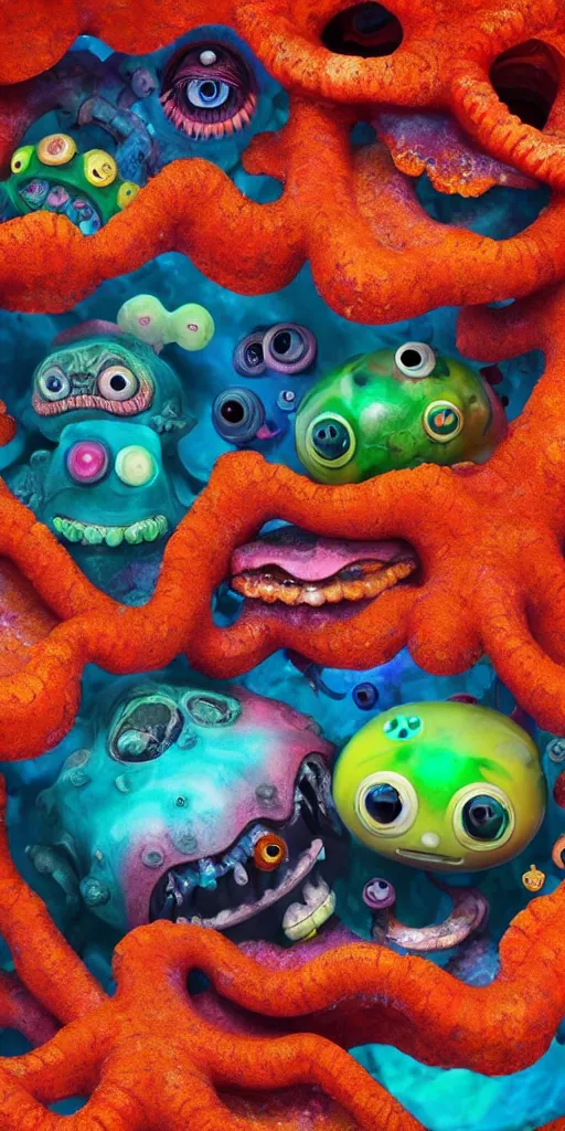 Image similar to of a colorful deep sea cave with strange cute friendly happy creatures with huge eyes, mouth, long tongue and round teeth appearing from sandy coral, in the style of gehry and gaudi, macro lens, shallow depth of field, ultra detailed, digital painting, trending artstation, concept art, illustration, cinematic lighting, photorealism, epic, octane render