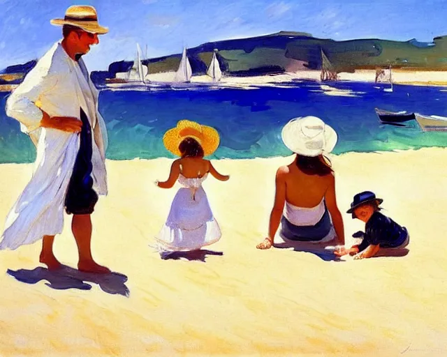 Image similar to a couple and a girl toddler on a beach in sardinia looking at a sailing boat, the man is wearing a panama hat, the woman has long dark hair, white sand, blue sky, summer, white and blue, painting by joaquin sorolla