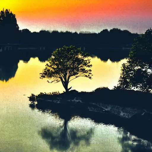 Image similar to a tree in a river, sunset, retrowave
