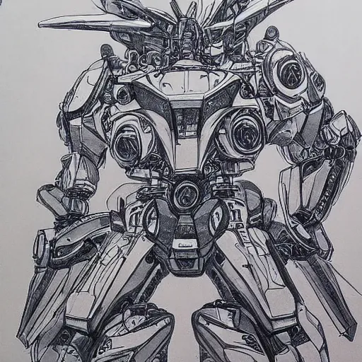 Image similar to an intricate ballpoint drawing of a giant anime robot