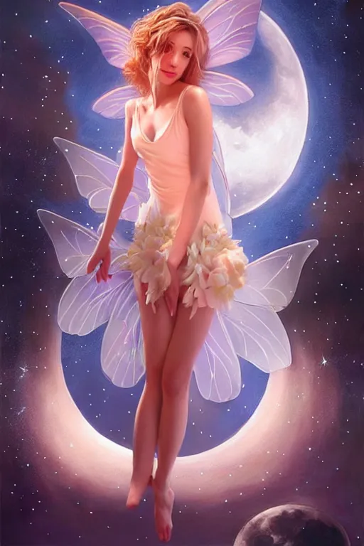 Image similar to attractive fairy magically floating high in the night, fantasy, full moon in background. highly detailed painting by artgerm, mid shot, 8 k