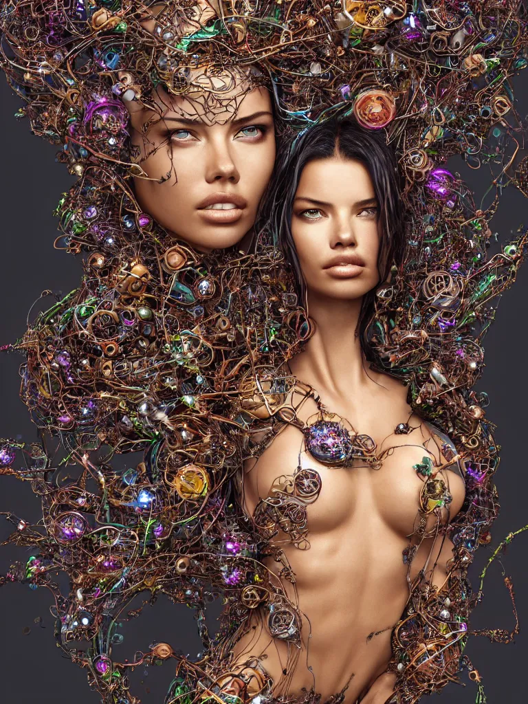 Prompt: a centered render of adriana lima surrounded by intertwining bio - mech tendrils made of machine and robot parts and gemstones and leaves and feathers and incense smoke, full body, gorgeous face, perfect face, powerful, by james jean, by ross tran, 3 d, cinema 4 d render, trending on artstation, octane render, 8 k