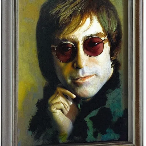 Image similar to portrait of elton john lennon looking to the side in 1 9 7 0 by ilya repin