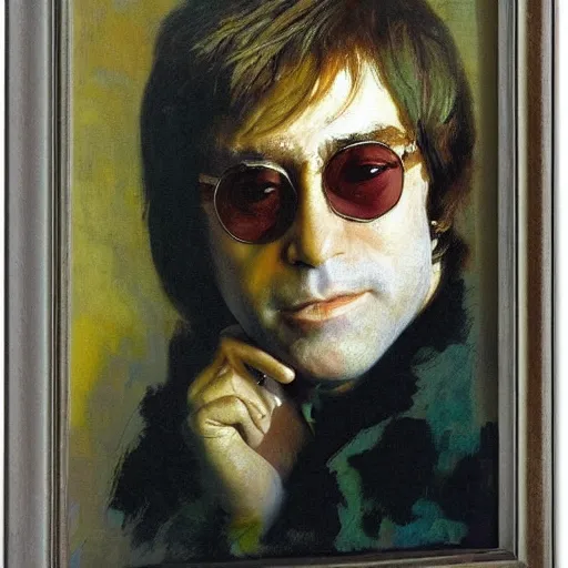 Prompt: portrait of elton john lennon looking to the side in 1 9 7 0 by ilya repin