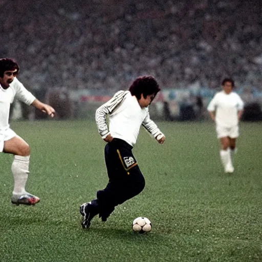 Prompt: diego armando maradona playing football in heaven