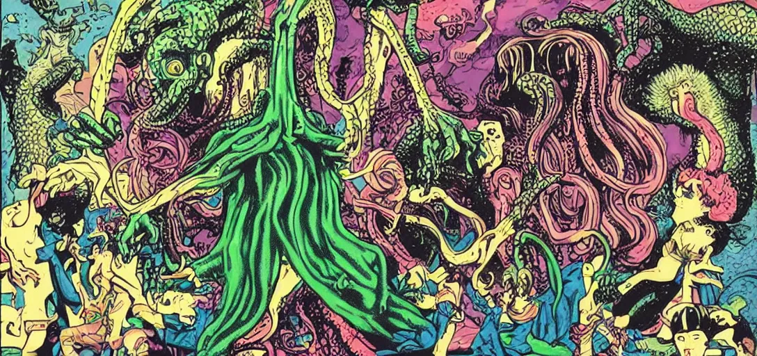 Image similar to Cthulhu starring in a David Lynch film about a birthday party, Mike Judge art style, 90's mtv illustration, surrealism, David Lynch's hair