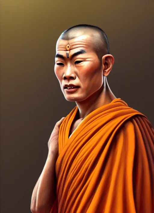 Image similar to smart tai buddhist monk, sukothai, closeup portrait, without eyebrows, historical hero, ethnic group, tai costume, intricate, elegant, loin cloth, highly detailed, oil painting, artstation, concept art, matte, sharp focus, illustration, hearthstone, art by earl norem