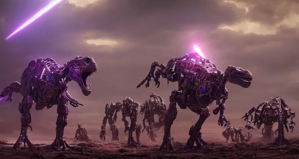 Image similar to movie still of dinosaur mecha robots, atmospheric, purple lasers, beautiful, directed by neil blomkamp, soft lighting, cinematic lighting, film grain, very high detail, dramatic composition,