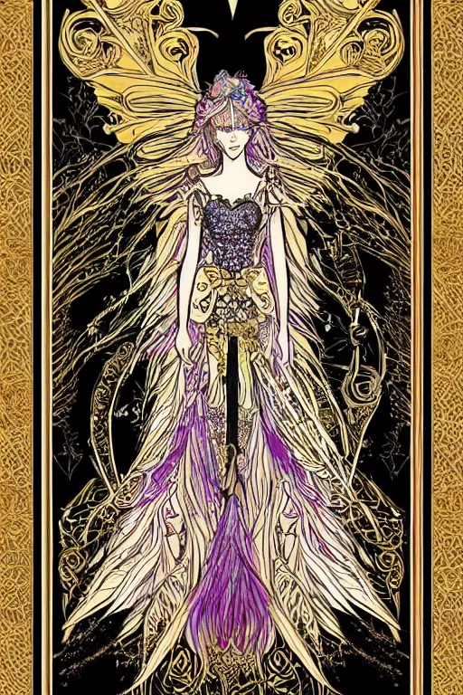 Prompt: Princess warlock of feathers, tarot card, black paper, peacock, peacock colors, art nouveau, gold ornate border, shadowscapes, fairytale, by stephanie law, watercolor, vector