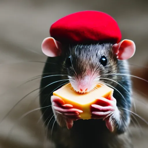 Image similar to a rat wearing a beret eating cheese. sigma 5 0 mm f / 1. 4